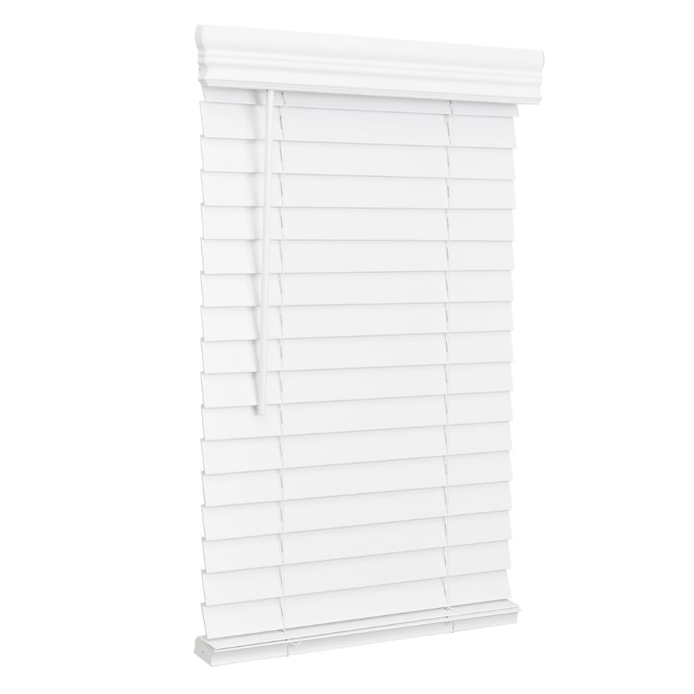Lotus & Windoware Cordless, 2 Inch Faux Wood Blind, 34.5" Wide x 60" Long, Window Blinds, Blinds & Shades, Blinds for Indoor Windows, Embossed, Bright White, (Actual Size - 34" x 60")