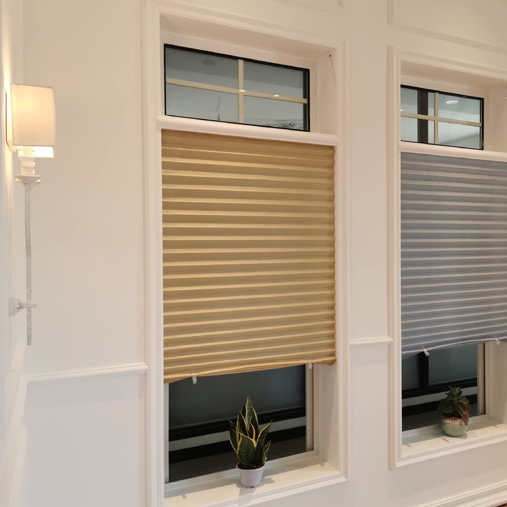 2Pcs Temporary Window Blinds Cordless, Self Adhesive Pleated Paper Blinds Window Shades Blackout Blinds for Windows Doors Non-Woven Fabric No Drill Blinds for Home Office Easy to Cut and Install