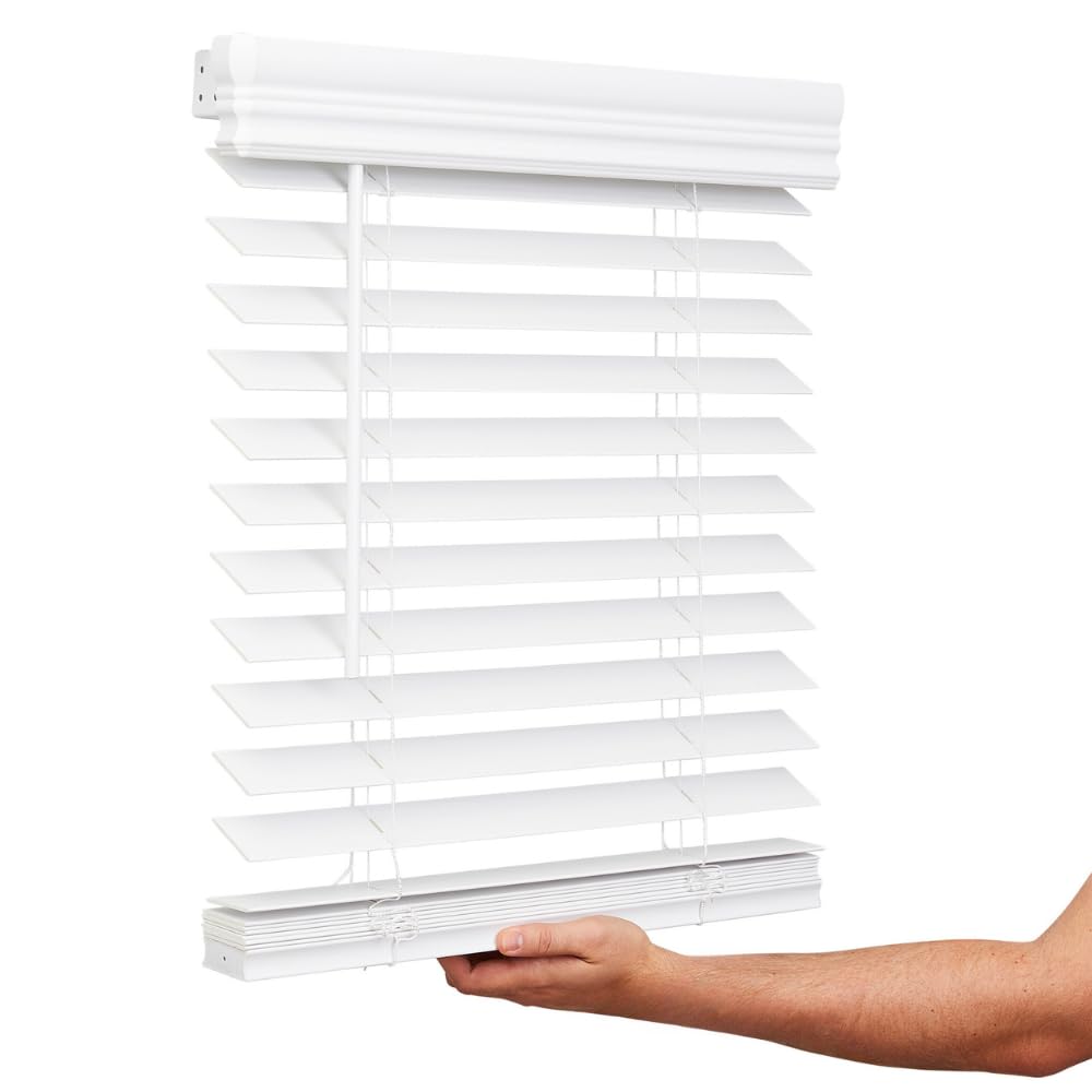 Lotus & Windoware Cordless, 2 Inch Faux Wood Blind, 34.5" Wide x 60" Long, Window Blinds, Blinds & Shades, Blinds for Indoor Windows, Embossed, Bright White, (Actual Size - 34" x 60")