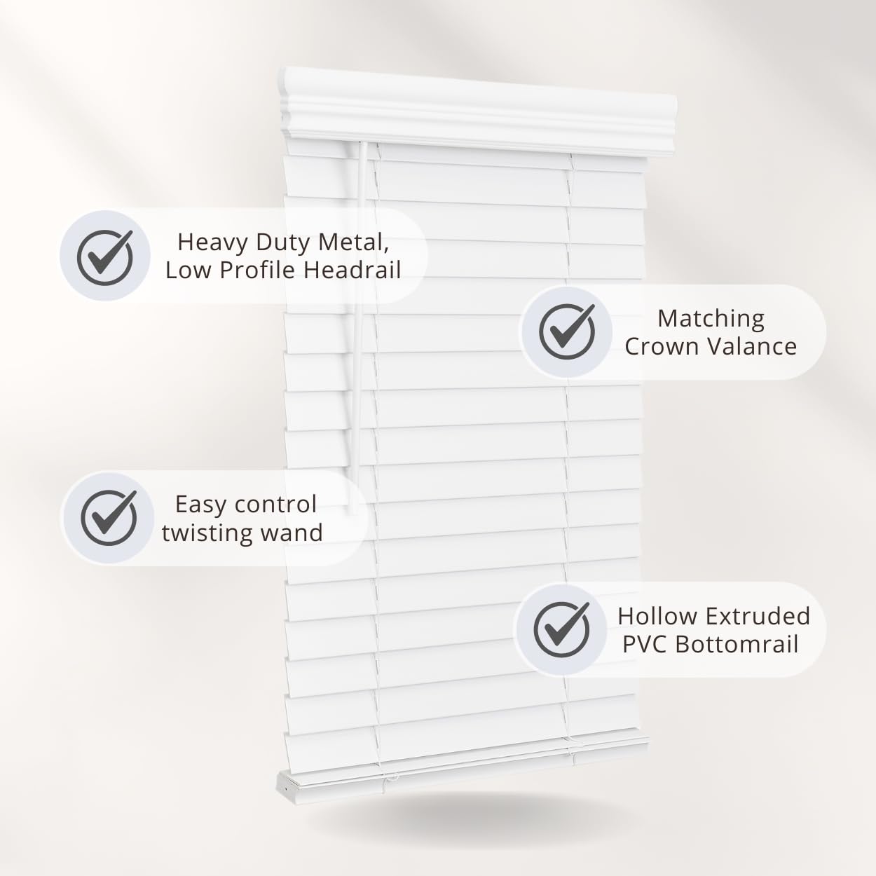 Lotus & Windoware Cordless, 2 Inch Faux Wood Blind, 34.5" Wide x 60" Long, Window Blinds, Blinds & Shades, Blinds for Indoor Windows, Embossed, Bright White, (Actual Size - 34" x 60")