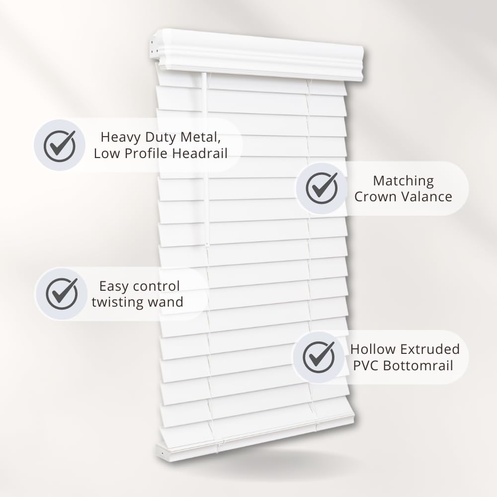 Lotus & Windoware Cordless, 2 Inch Faux Wood Blind, 34.5" Wide x 60" Long, Window Blinds, Blinds & Shades, Blinds for Indoor Windows, Embossed, Bright White, (Actual Size - 34" x 60")