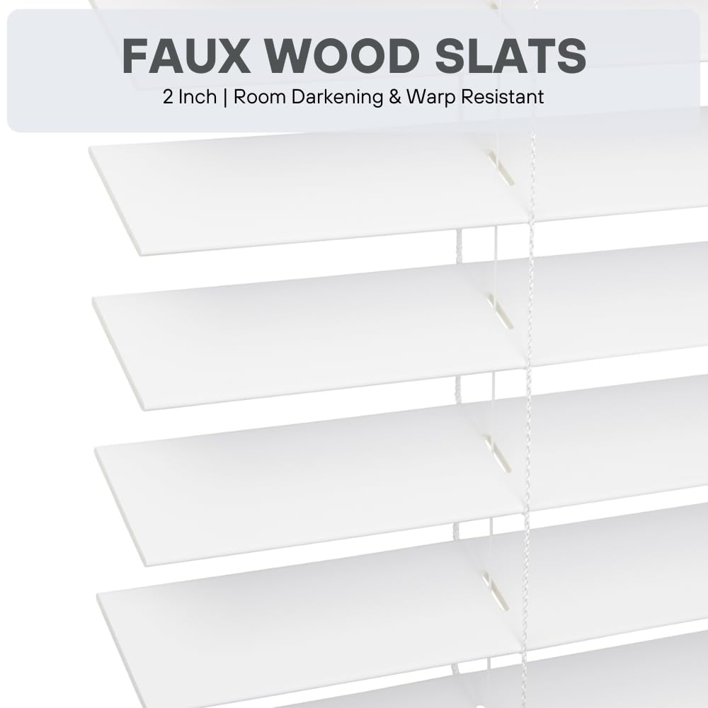 Lotus & Windoware Cordless, 2 Inch Faux Wood Blind, 34.5" Wide x 60" Long, Window Blinds, Blinds & Shades, Blinds for Indoor Windows, Embossed, Bright White, (Actual Size - 34" x 60")