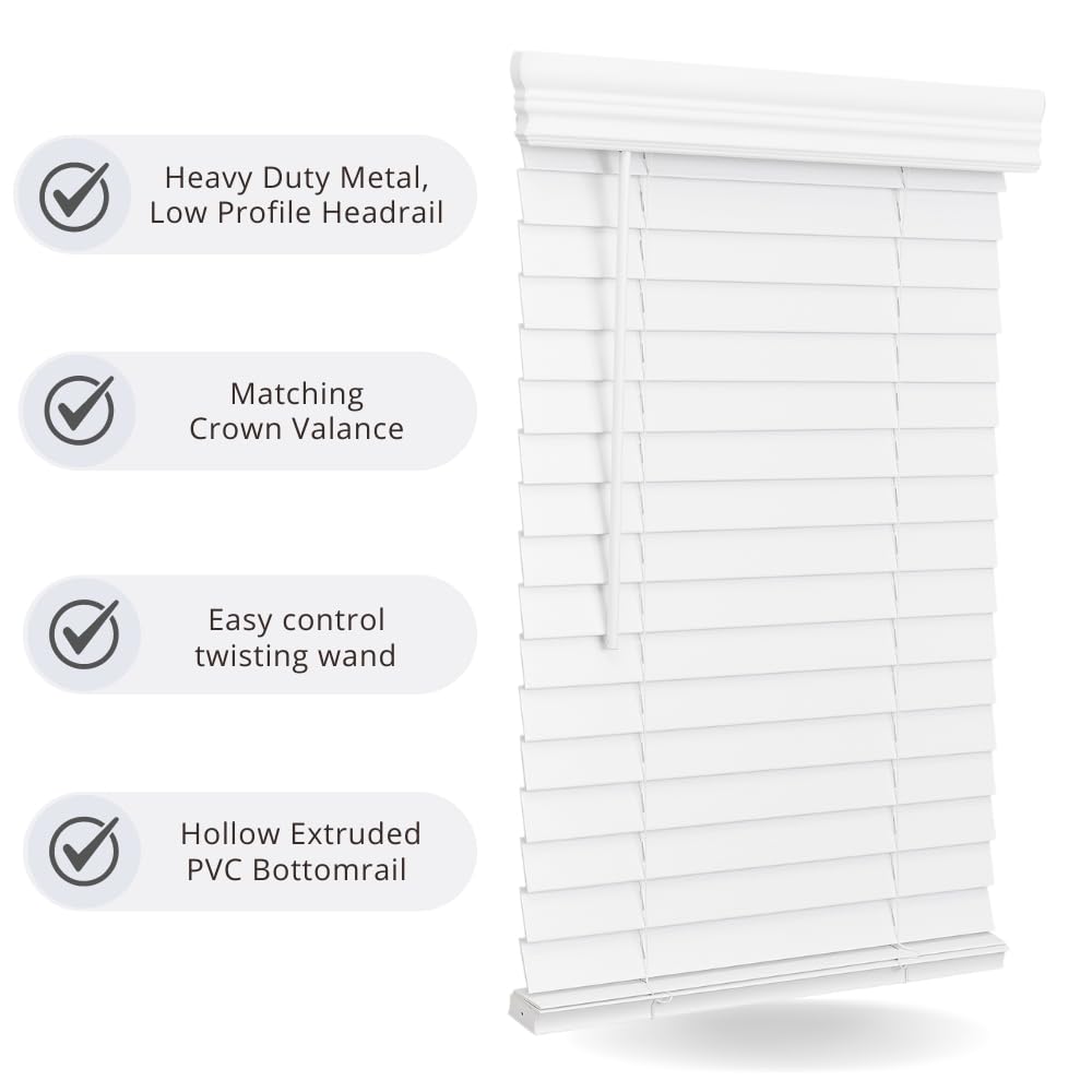Lotus & Windoware Cordless, 2 Inch Faux Wood Blind, 34.5" Wide x 60" Long, Window Blinds, Blinds & Shades, Blinds for Indoor Windows, Embossed, Bright White, (Actual Size - 34" x 60")