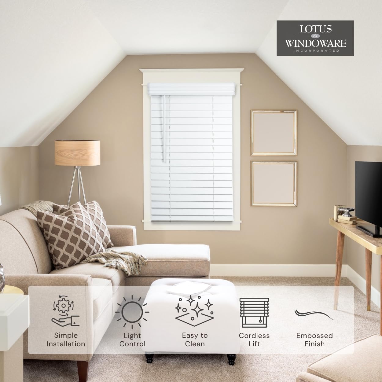 Lotus & Windoware Cordless, 2 Inch Faux Wood Blind, 34.5" Wide x 60" Long, Window Blinds, Blinds & Shades, Blinds for Indoor Windows, Embossed, Bright White, (Actual Size - 34" x 60")