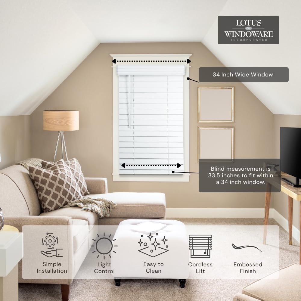 Lotus & Windoware Cordless, 2 Inch Faux Wood Blind, 34.5" Wide x 60" Long, Window Blinds, Blinds & Shades, Blinds for Indoor Windows, Embossed, Bright White, (Actual Size - 34" x 60")