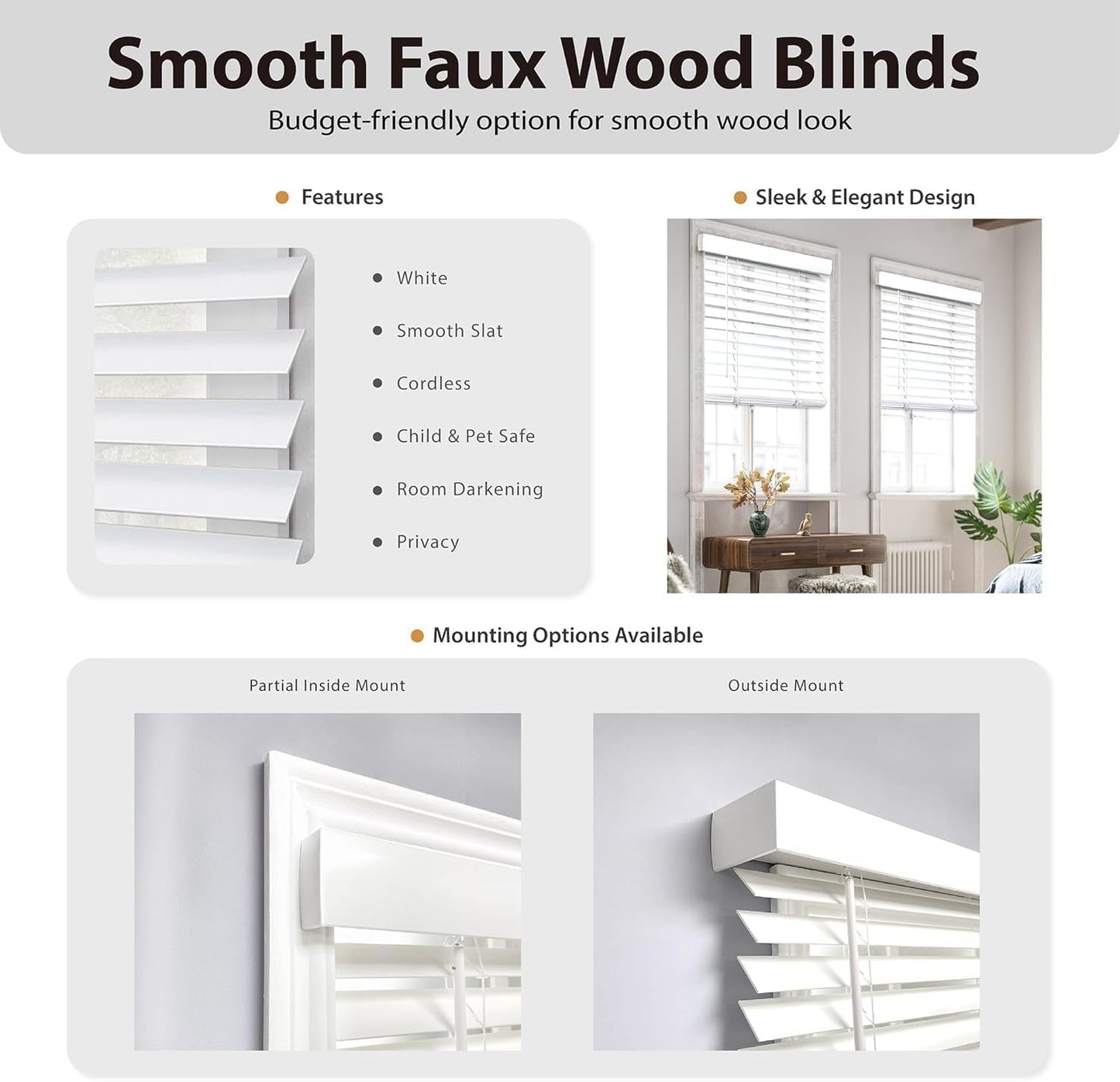 DEZ FURNISHINGS Cordless 2" Faux Wood Blind, 34.5" W x 72" H, White