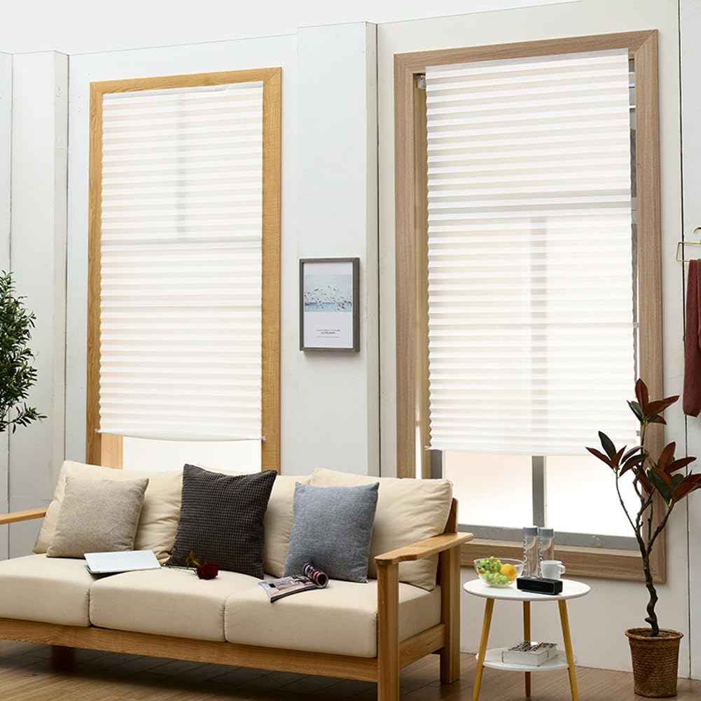 2Pcs Temporary Window Blinds Cordless, Self Adhesive Pleated Paper Blinds Window Shades Blackout Blinds for Windows Doors Non-Woven Fabric No Drill Blinds for Home Office Easy to Cut and Install