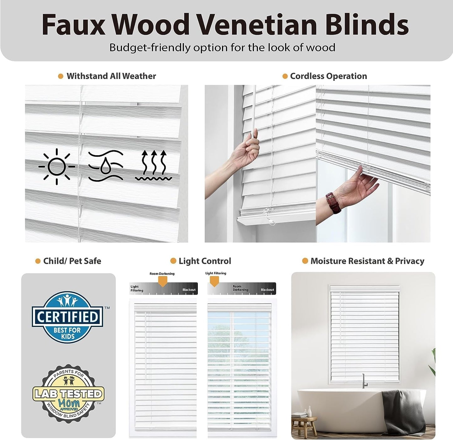 DEZ FURNISHINGS Cordless 2" Faux Wood Blind, 34.5" W x 72" H, White