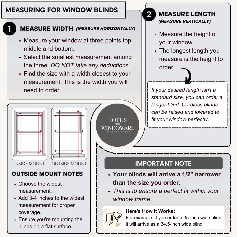 Lotus & Windoware Cordless, 2 Inch Faux Wood Blind, 34.5" Wide x 60" Long, Window Blinds, Blinds & Shades, Blinds for Indoor Windows, Embossed, Bright White, (Actual Size - 34" x 60")