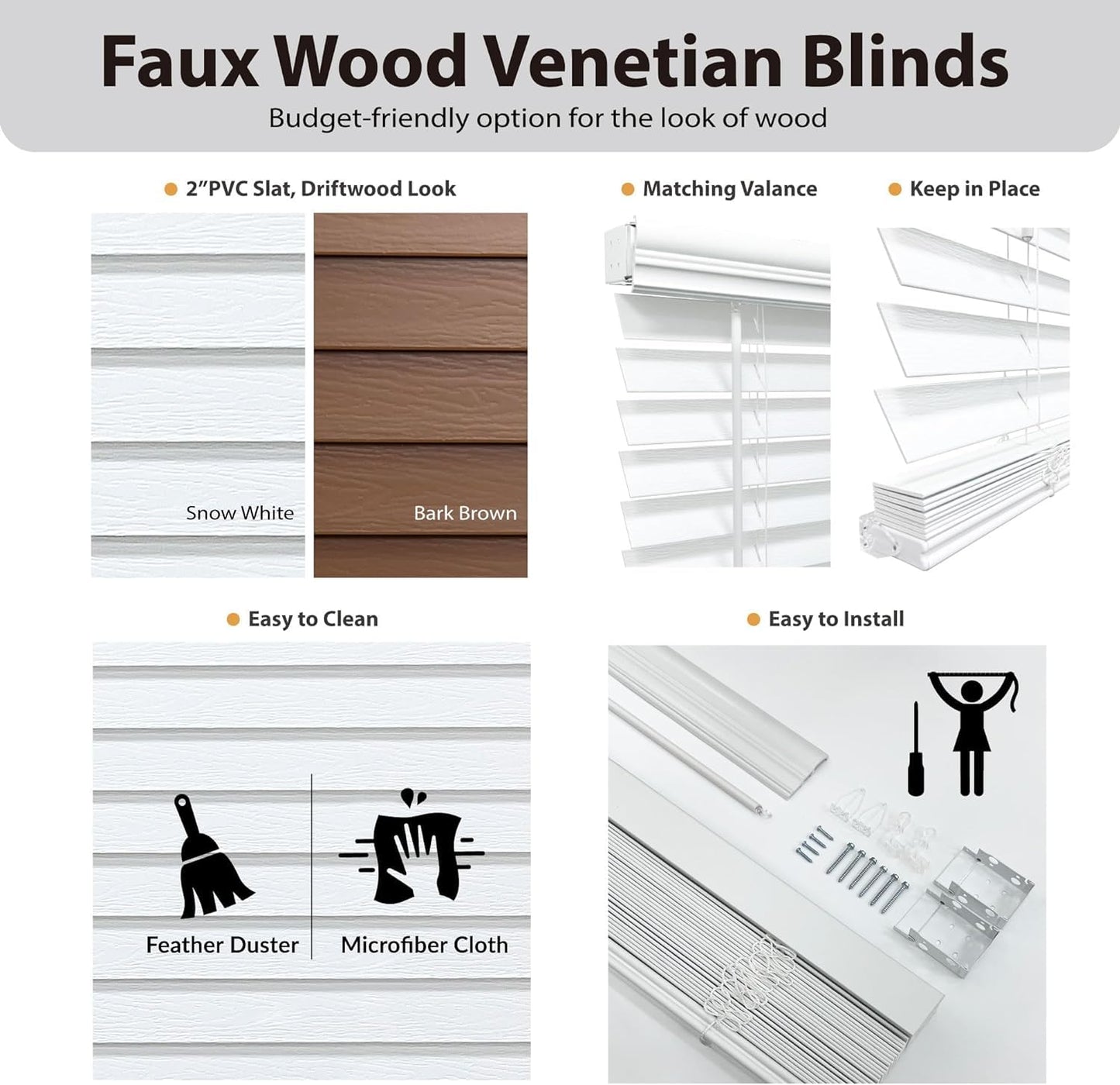 DEZ FURNISHINGS Cordless 2" Signature Faux Wood Blind, 70" W x 72" H, Snow White