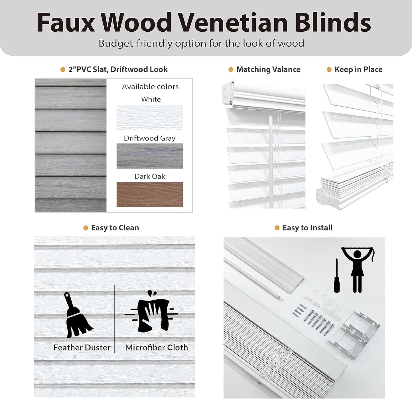 DEZ FURNISHINGS Cordless 2" Faux Wood Blind, 34.5" W x 72" H, White