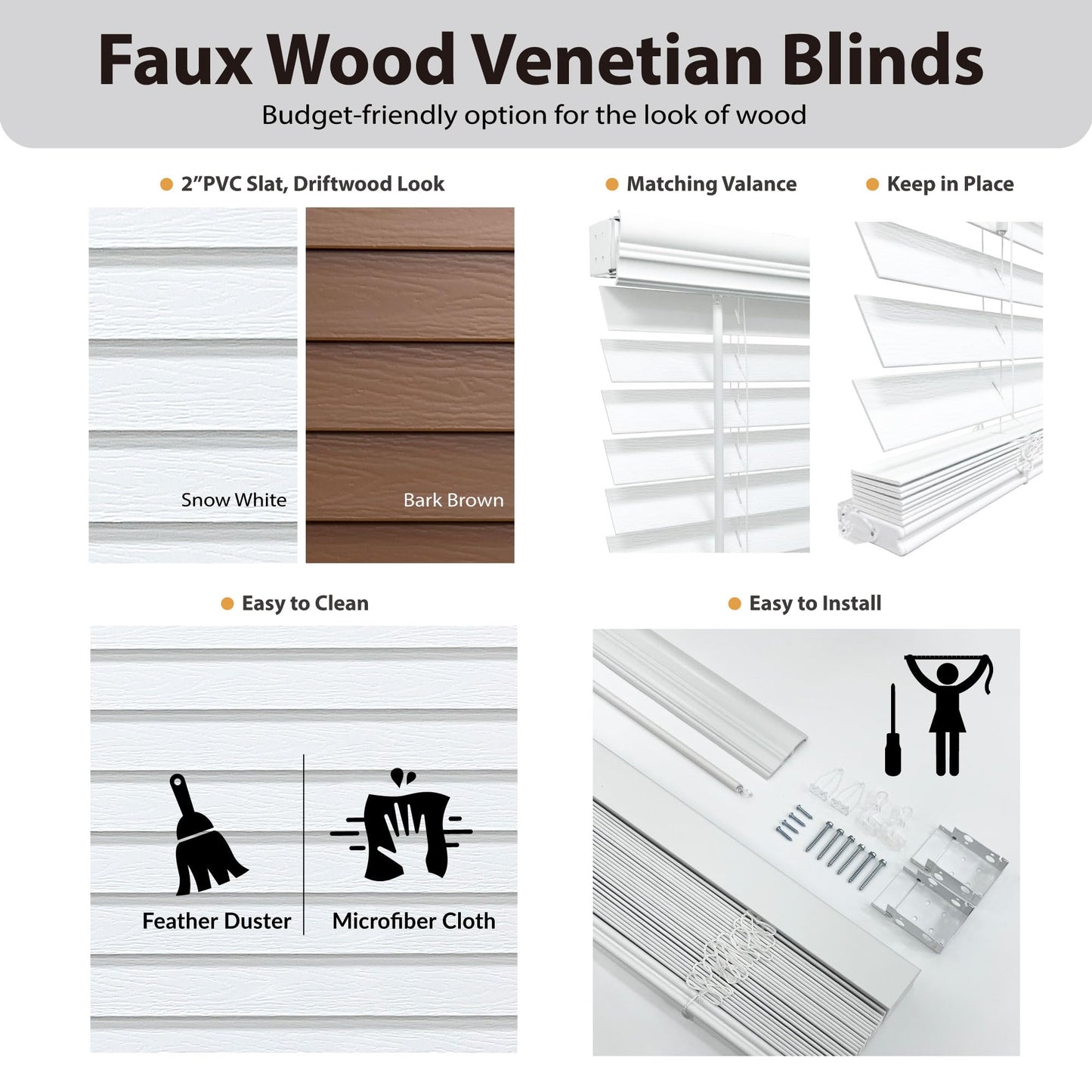 DEZ FURNISHINGS Cordless 2" Signature Faux Wood Blind, 70" W x 72" H, Snow White