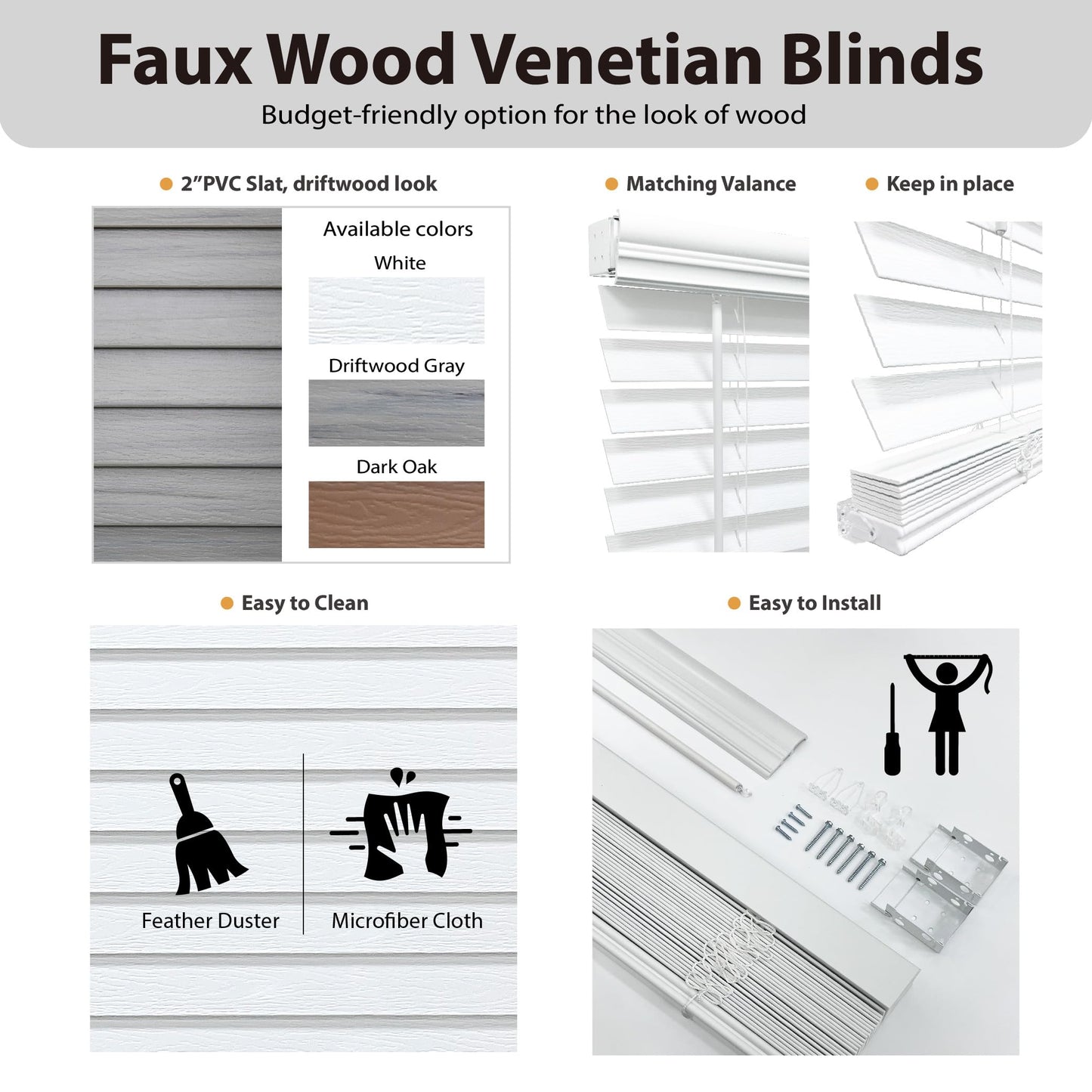 DEZ FURNISHINGS Cordless 2" Faux Wood Blind, 34.5" W x 72" H, White
