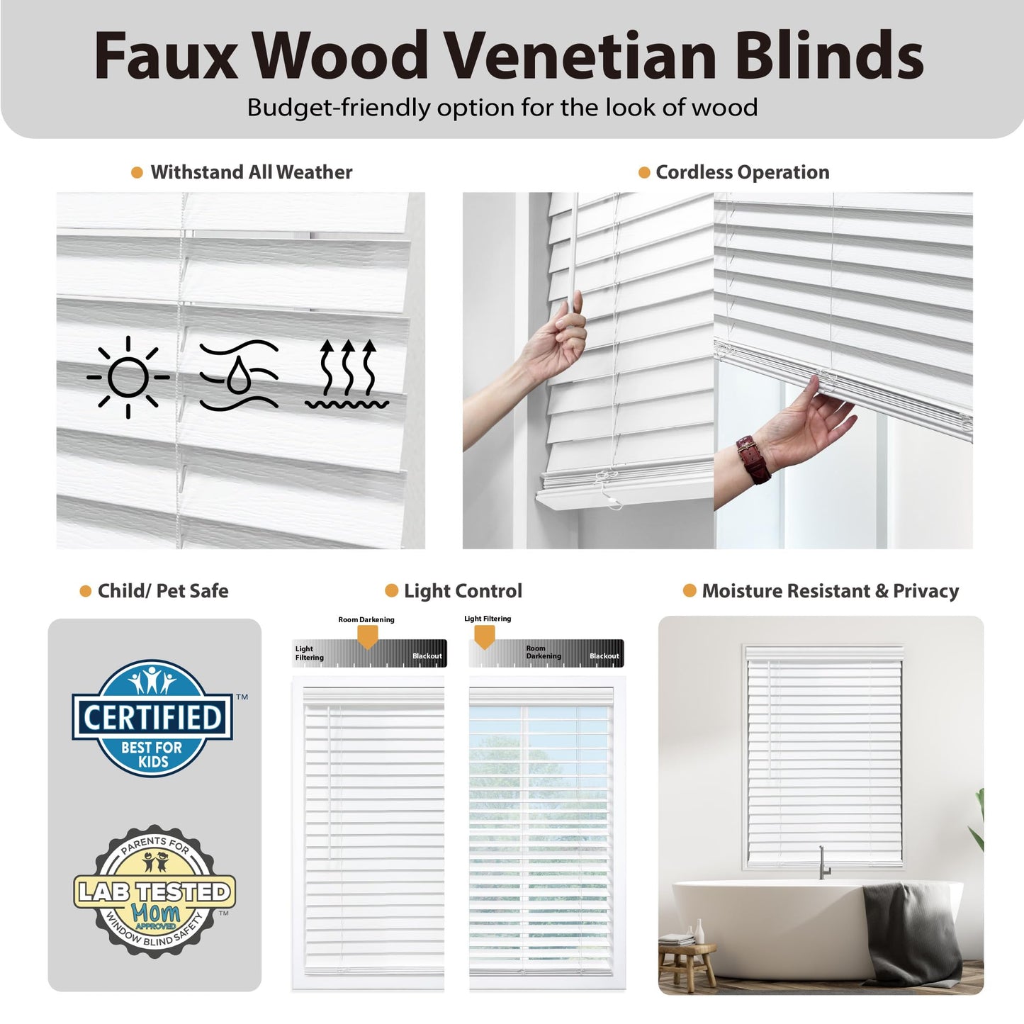 DEZ FURNISHINGS Cordless 2" Faux Wood Blind, 34.5" W x 72" H, White