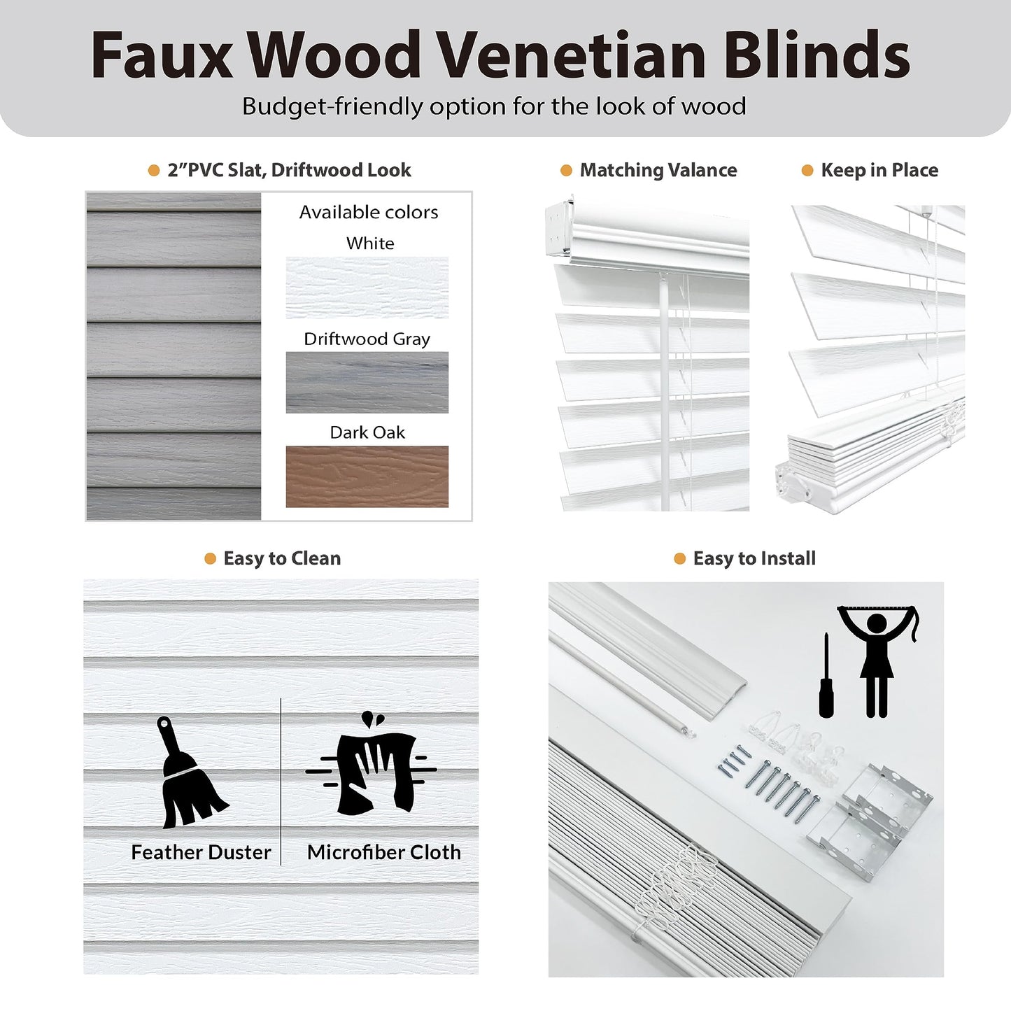 DEZ FURNISHINGS Cordless 2" Faux Wood Blind, 34.5" W x 72" H, White